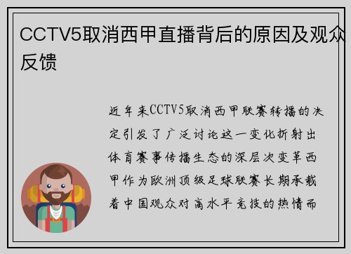 CCTV5取消西甲直播背后的原因及观众反馈